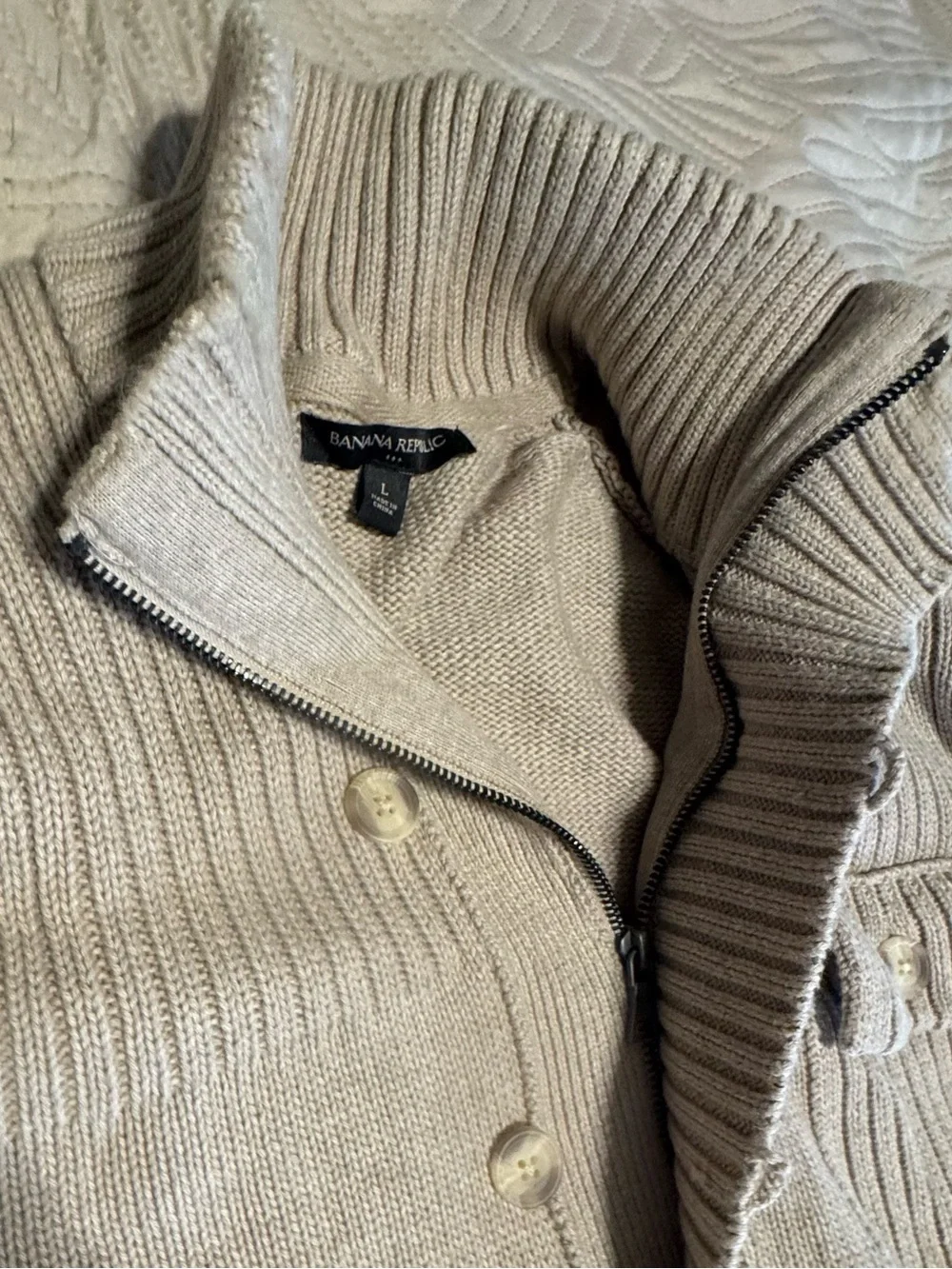 Banana Republic Men’s Cream Ribbed Zip & Button Cardigan Sz L